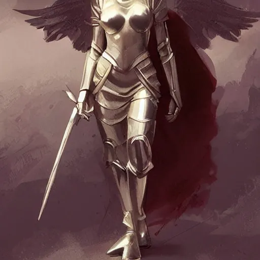 Image similar to angel in plastic armor, high fashion, pretty face, full body shot, well built, art by greg rutkowski