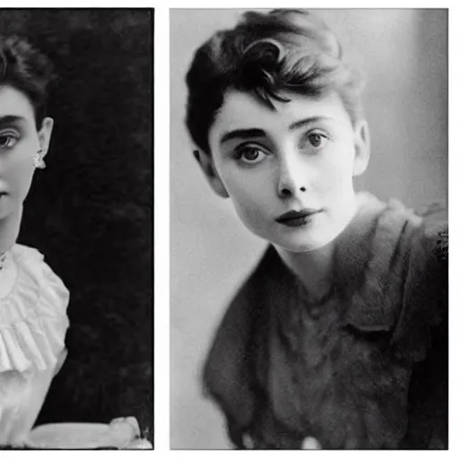 Image similar to edwardian photograph of audrey hepburn, timothee chalamet, 1 9 0 0 s, 1 9 1 0 s, grainy, slightly blurry, faded, realistic face
