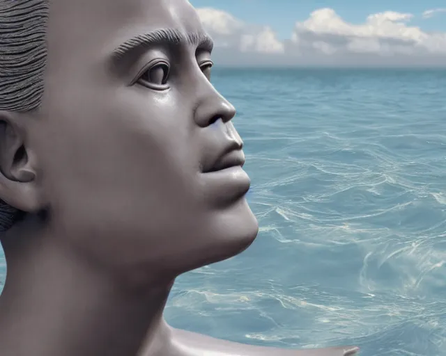 Prompt: a giant sculpture on the surface of the ocean of a human head, hyper - realistic, very detailed, realistic water, ray tracing, 8 k resolution, long - shot, sharp focus, low angle, 8 5 mm photograph, wide lens