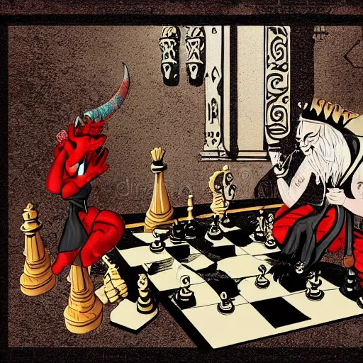 Prompt: playing a game of chess with the devil, fantasy illustration