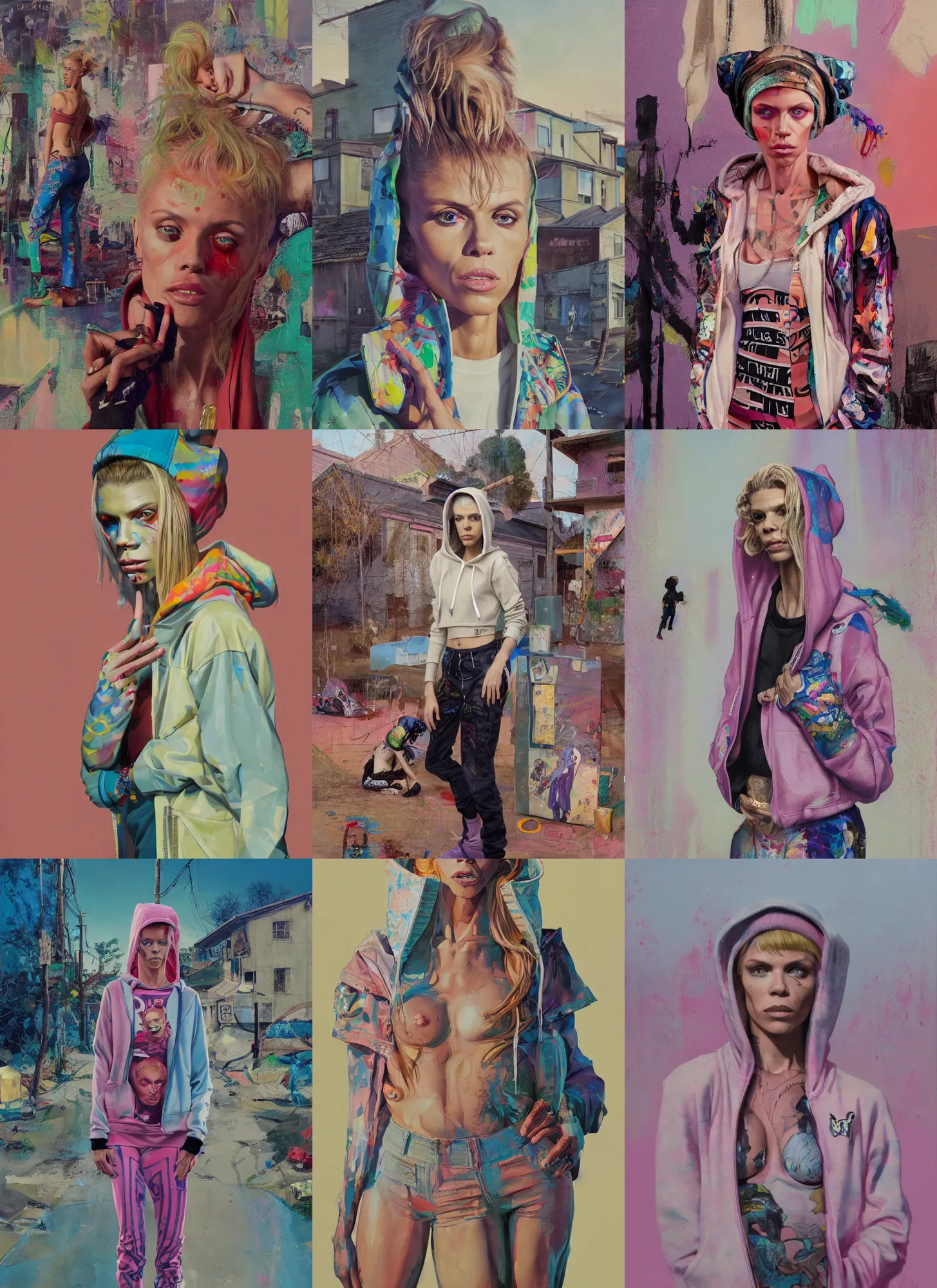 Prompt: still from music video of annalynne mccord from die antwoord standing in a township street, wearing a hoodie, street clothes, full figure portrait painting by njideka akunyili crosby and martine johanna, earl norem, ismail inceoglu, pastel color palette, 3 5 mm lens