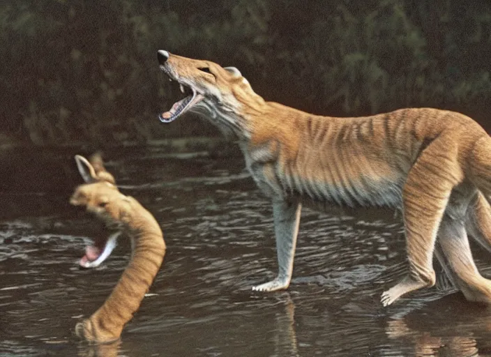 Prompt: photo of a thylacine, distinct animal, thylacine, thylacine, ‘Tasmanian (((tiger)))’, thylacine, detailed fur, long thin tail, long snout, small eyes, marsupial, drinking water from a lake, Australia, HD, National Geographic,