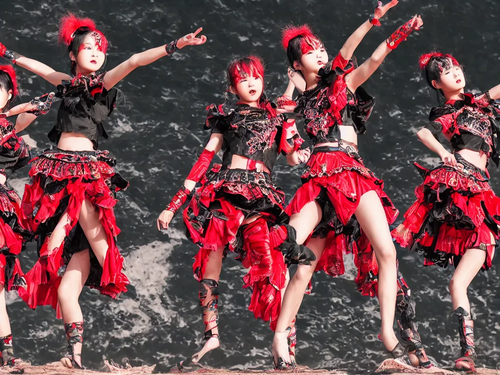 Prompt: babymetal 3 members performing on a tropical beach beautiful, scenery, highly detail face, dynamic pose, High Definition detail, 8K, photography