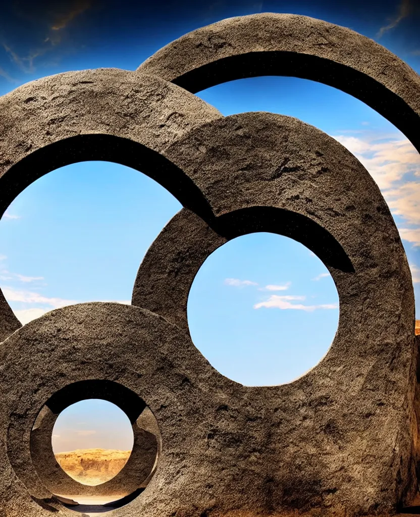 Image similar to stargate made of stone that form a circle, cinematic view, epic sky