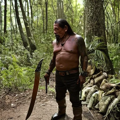 Prompt: beautiful danny trejo with machete in mystic forest