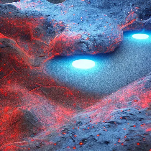 Image similar to a strange alien landscape, realistic, rocky, red and blue, blue particles, strange red particles, strange, alien - style, realistic, landscape, depth, movie lightning, realistic epic shaders, landscape