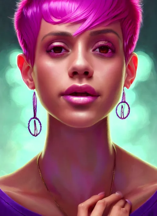 Image similar to portrait of vanessa morgan with bright pink hair, curly pixie cut hair, wearing a purple breton cap, breton cap, hoop earrings, intricate, elegant, glowing lights, highly detailed, digital painting, artstation, concept art, smooth, sharp focus, illustration, art by wlop, mars ravelo and greg rutkowski