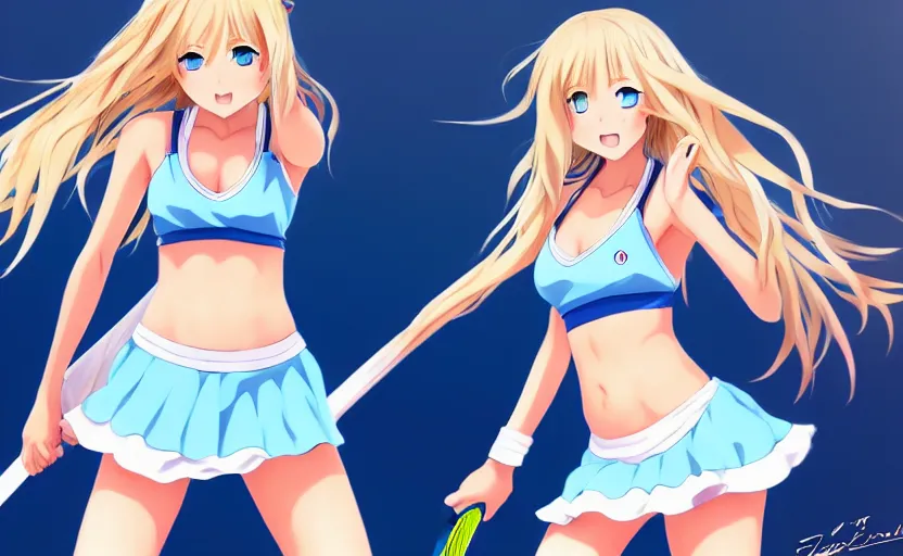 Image similar to a very beautiful young anime tennis girl, full body, long wavy blond hair, sky blue eyes, ( ( ( full round face ) ) ), short smile, bikini, miniskirt, front view, mid - shot, highly detailed, cinematic wallpaper by stanley artgerm lau