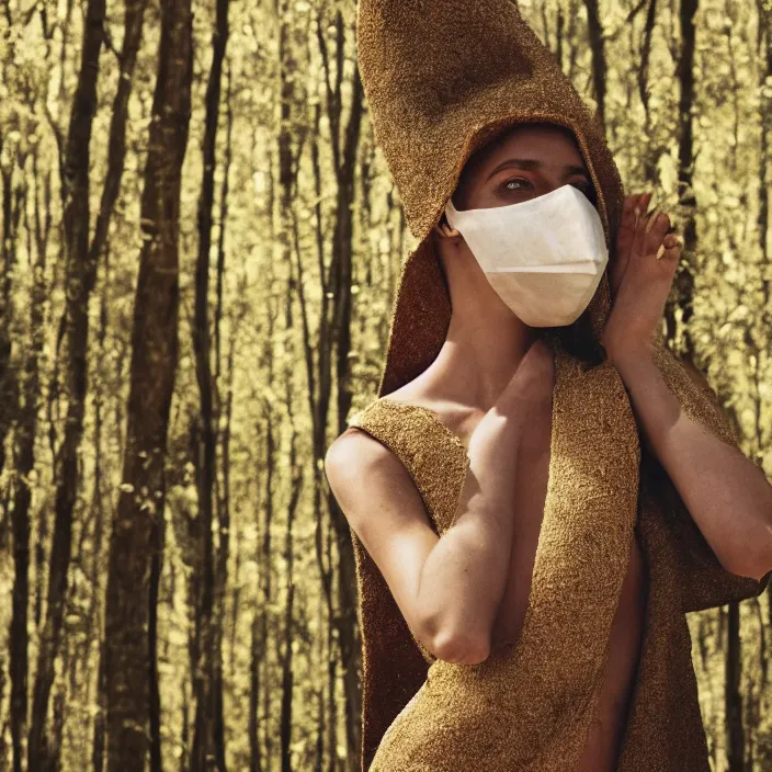 Prompt: a woman with a mask made of sand standing in a forest, golden hour, vogue magazine