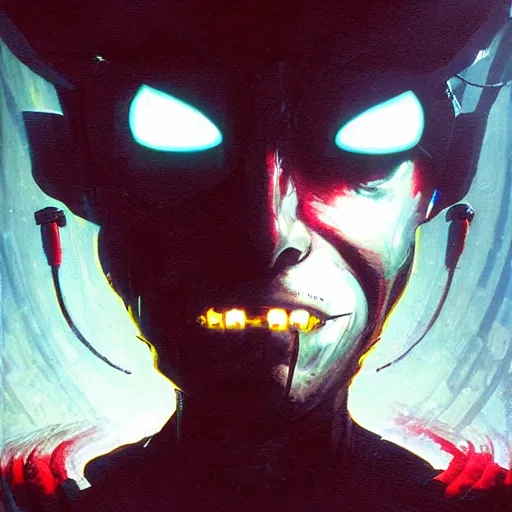 Image similar to shodan from system shock 2, painted by greg rutkowski, painted by drew struzan