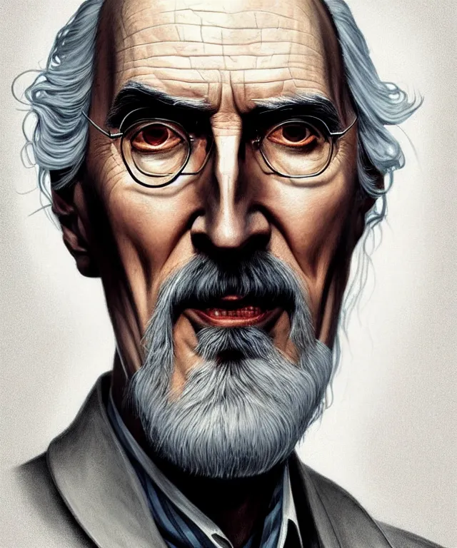 Image similar to portrait christopher lee as saruman as walter white with a bandaid across his nose, caricature, headshot, highly detailed, digital painting, artstation, concept art, sharp focus, cinematic lighting, illustration, art by met mangindaan, artgerm and greg rutkowski, alphonse mucha, cgsociety
