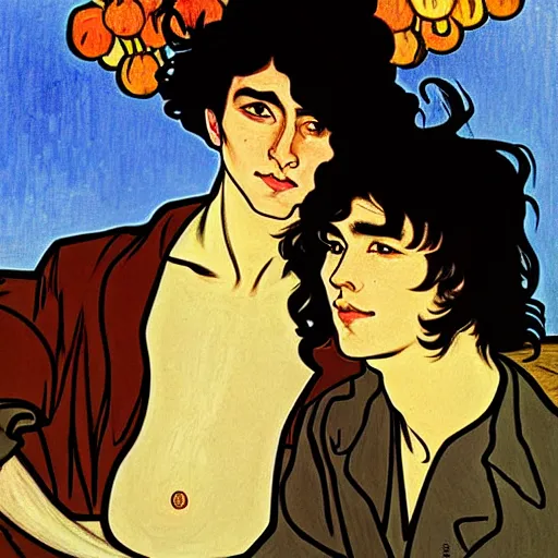 Prompt: painting of young cute handsome beautiful dark medium wavy hair man in his 2 0 s named shadow taehyung and cute handsome beautiful min - jun together at the halloween party, bubbling cauldron, candles, smoke, autumn colors, elegant, stylized, soft facial features, delicate facial features, art by alphonse mucha, vincent van gogh, egon schiele