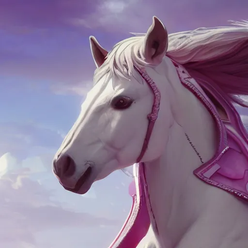 Image similar to a white horse as the pink power ranger in the style of makoto shinkai zhaoming wu, john collier, albert aublet, cedric peyravernay. sharp focus, semi - realism, intricate detail. unreal engine, octane rendering