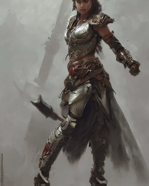 Prompt: a beautiful and strong female warrior by Ruan Jia