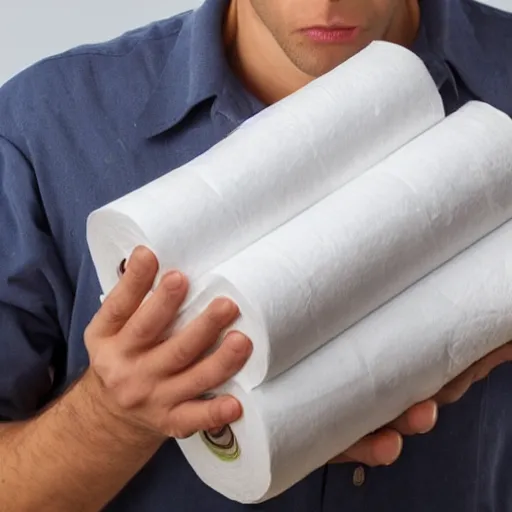 Image similar to a stock photo of a man holding too many rolls of toilet paper