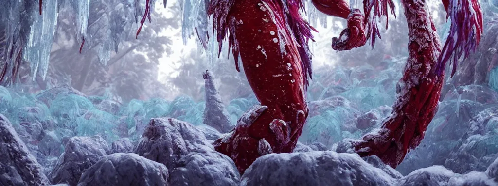 Prompt: muscular frosty warrior woman made of ice, walking in a dense alien snow covered frosty jungle, with snow covered colourful red, blue and purple plants, large vines, snow covered arched organic rock structures, in the style of monster hunter world, like concept art on artstation, hyperdetailed, vray render, octane render,