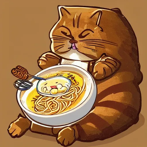 Image similar to cute fat cat sitting in front of ramen noodles on toast, japanese art artstation trending