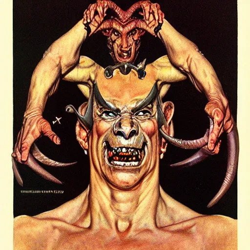 Image similar to upper body portrait a demon with the horns of a ram, by norman rockwell and boris vallejo