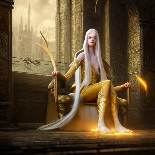 Image similar to tall elven queen sitting on the throne, long white hair, pale skin, golden coloured eyes, stunning 3 d render inspired art by greg rutkowski and xiang duan and thomas eakes, realistic, highly detailed attributes and atmosphere, dim volumetric cinematic lighting, 8 k octane detailed render, post - processing, masterpiece,