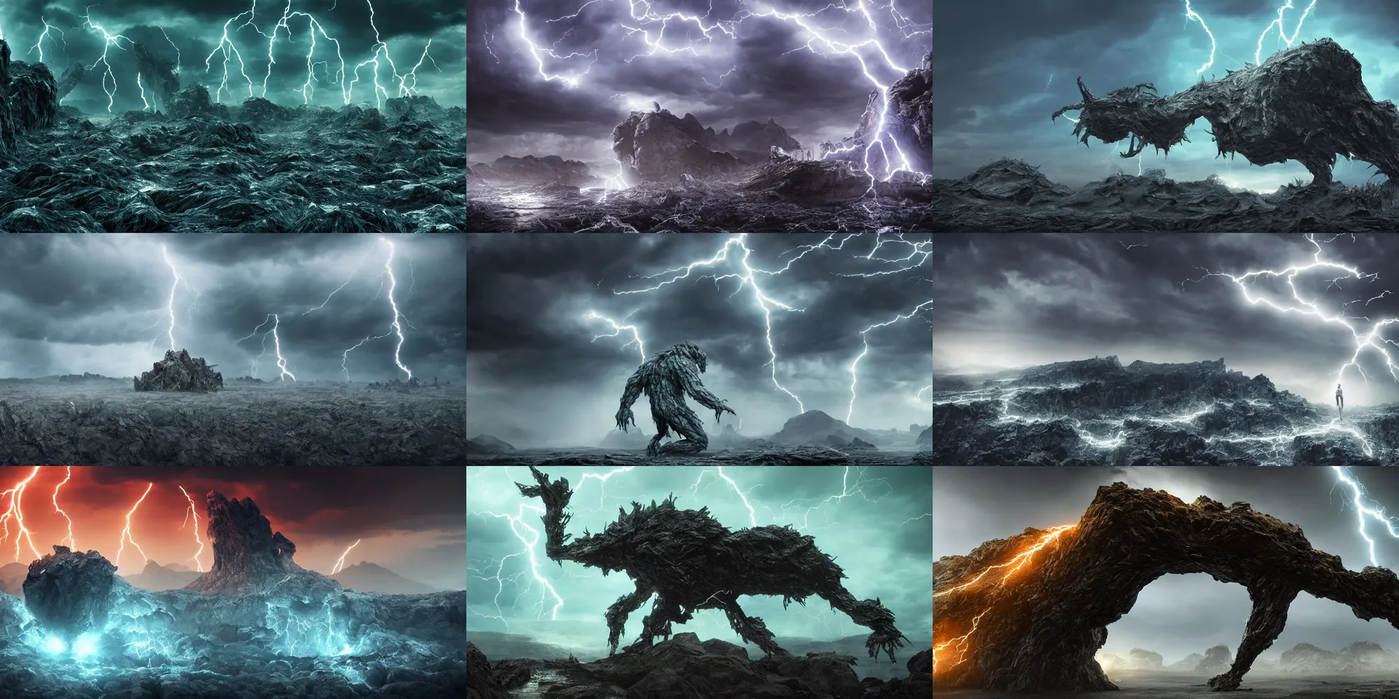 Image similar to monster made of energy in a landscape made of crystal, lightning storm, cinematic, detailed, epic, widescreen, opening, establishing, mattepainting, photorealistic, 4 k, octane render