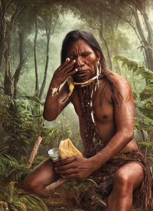 Image similar to a beautiful portrait of an indigenous man taking rapé in the jungle, taking tobacco snuff, praying with tobacco, mysterious atmosphere, fantasy art, matte painting, highly detailed