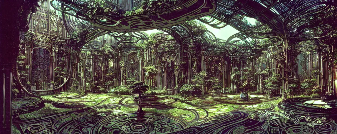 Image similar to a luxurious scifi futuristic victorian garden courtyard by killian eng, moebius, philippe druillet