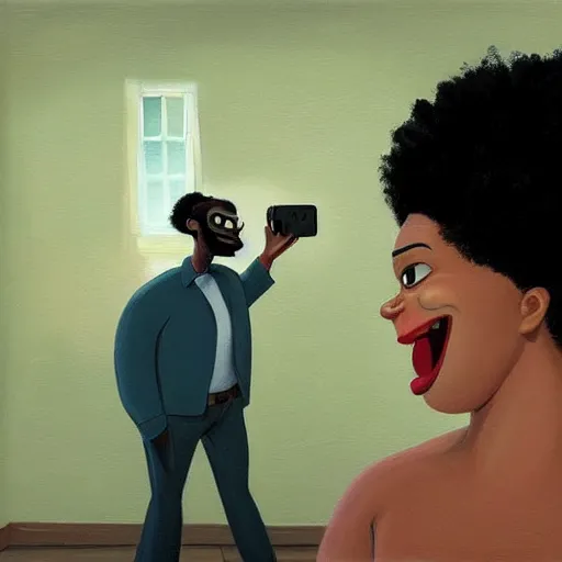 Image similar to stunning, coherent, beautiful painting, still of a giant man following a beautiful black bbw woman into her bedroom , she is taking a selfie of the creepy man is following her, 3d, in the style of pixar, comic book style, 3d, highly detailed, highly detailed, sharp focus, bokeh, depth of field, 16k resolution, Unreal Engine 5, coherent, cinematic lighting, photorealistic, by Zhang Jingna