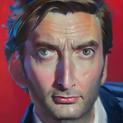 Image similar to greg manchess portrait painting of fully armored david tennant the 1 0 th doctor as overwatch character, medium shot, asymmetrical, profile picture, organic painting, sunny day, matte painting, bold shapes, hard edges, street art, trending on artstation, by huang guangjian and gil elvgren and sachin teng