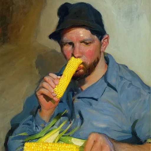 Prompt: a highly detailed beautiful portrait of man enjoying corn on the cob, by gregory manchess, james gurney, james jean