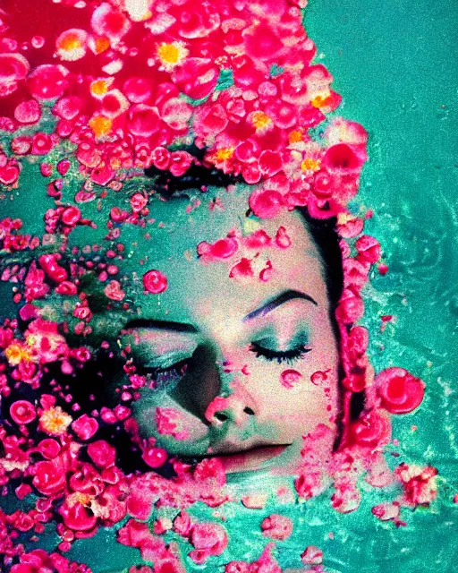 Image similar to oversaturated, burned, light leak, expired film, photo of a woman's serene face submerged in a flowery milkbath, rippling liquid, vintage glow, sun rays, black and white, glitched pattern, 1 9 6 0 s magazine ad