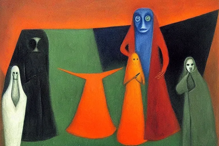 Prompt: born under a bad sign, good luck and trouble are my only friends, colors orange, white!!, dark green, dark blue, abstract oil painting by leonora carrington, by max ernst
