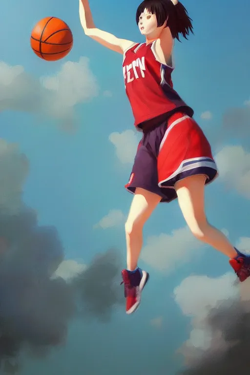 Image similar to A ultradetailed beautiful panting of a girl dunking a basketball, Oil painting, by Ilya Kuvshinov, Greg Rutkowski and Makoto Shinkai