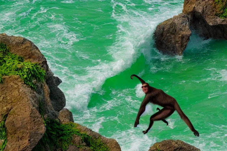 Image similar to monkey surfing on a green sea wave, natural lighting, highly detailed, 4 k, ultra hd