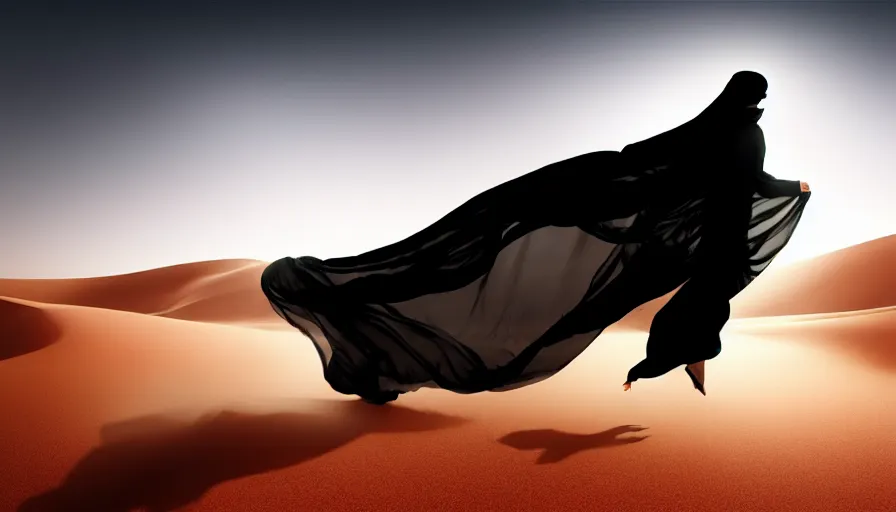 Image similar to arab woman in niqab floating mid - air in the desert, light, shadows, rippling reflections, steam, epic composition, intricate, elegant, volumetric lighting, digital painting, highly detailed, artstation, sharp focus, illustration, concept art, ruan jia, steve mccurry