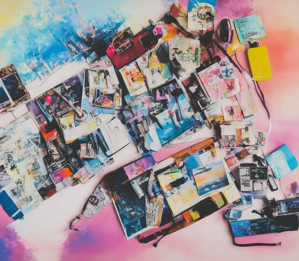 Prompt: top down closeup view of a desktop with travel goods and a scrapbook album depicting memories of travel in japan, acrylic airbrush collagepainting by jules julien, leslie david and lisa frank, muted colors with predominant white background minimalism, neon color mixed media painterly details, neo - classical composition, rule of thirds, design tension, impactful graphic design