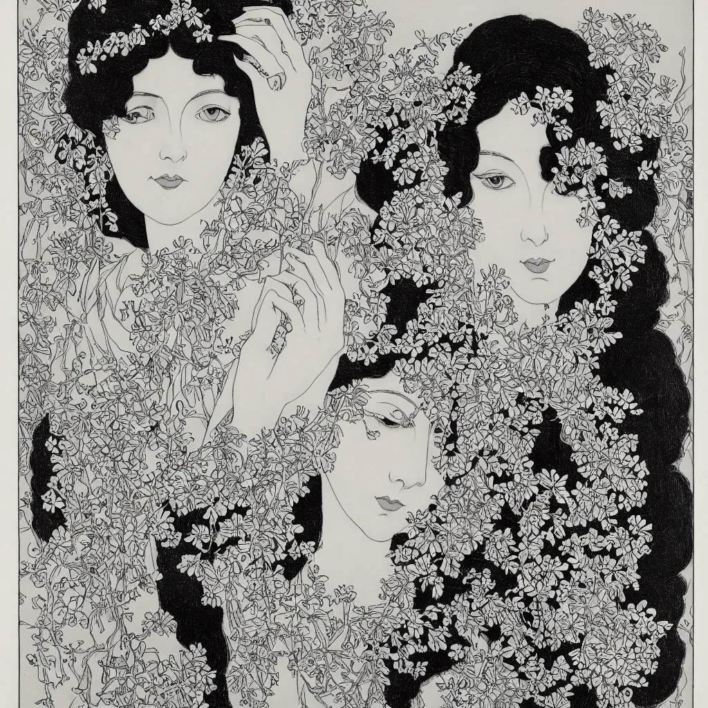 Prompt: , highly detailed, sharp focus 4k, highly detailed, sharp focus lithography by Aubrey Beardsley, Portrait of a beautiful woman with flowers in her hair