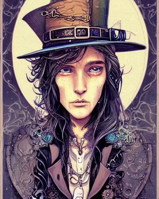 Image similar to a detailed portrait illustration of a steampunk wizard - gunslinger. beautiful androgynous teenage face. art nouveau, pop art, comic book style. influenced by neil gaiman, jules verne, dan mumford, brian froud, killian eng, ross tran.