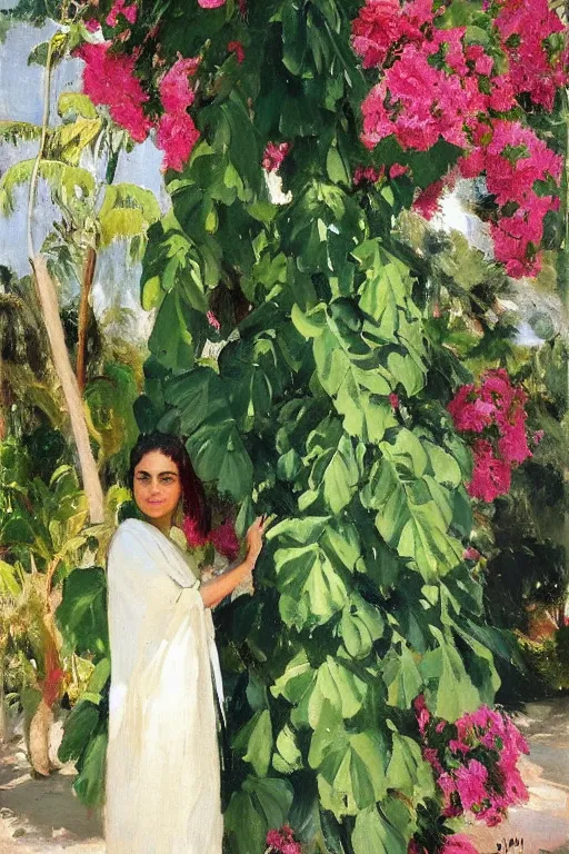 Image similar to a persian girl with agreen rabesque scarf near bougainvillea and palm trees, ahwaz city in iran, painting by john singer sargent