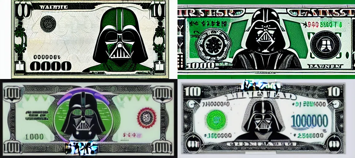 Prompt: 100,000 credit bill with the face of Darth Vader, gothic futurism, vintage engraving, highly detailed, green and black and white colors, currency issued by the empire in Star Wars