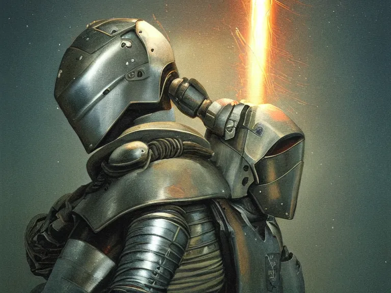 Image similar to a detailed profile portrait painting of a bounty hunter in brushed metal and cloth armour and visor. Fencing. cinematic sci-fi poster. Cloth and metal. Welding, fire, flames, samurai Flight suit, accurate anatomy portrait symmetrical and science fiction theme with lightning, aurora lighting clouds and stars. Clean and minimal design by beksinski carl spitzweg giger and tuomas korpi. baroque elements. baroque element. intricate artwork by caravaggio. Oil painting. Trending on artstation. 8k