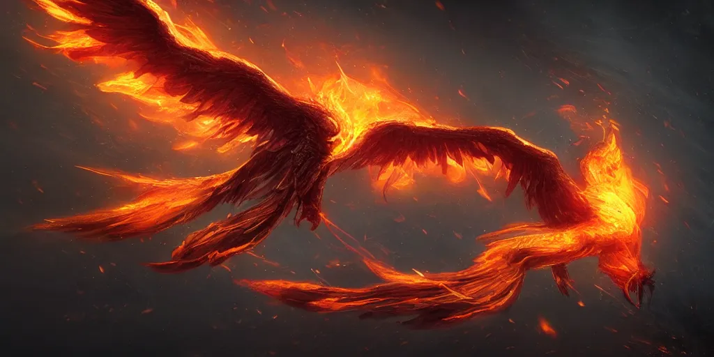 Image similar to artwork of one flame phoenix, highly detailed, artstation, night black sky background, smooth illustration, digital art, unreal engine, ultra realistic, fine art, concept art