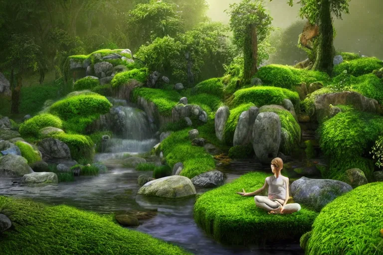 Image similar to hyper realistic detailed render of a heavenly garden of peace, eden filled with trees, stone slab, colourful flowers, moss, ferns, a girl meditating at a distance, small stream or puddles, birds, trending on artstation, volumetric lighting, hyper realistic, hyper detailed, high quality render, blender guru,