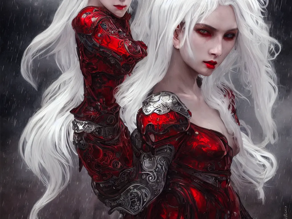 Prompt: portrait white hair sinister knights of zodiac girl + smoky eyes, black fire red color reflected armor, in ruined agora of athens rainy night, ssci - fi and fantasy, intricate and very very beautiful and elegant, highly detailed, digital painting, artstation, concept art, smooth and sharp focus, illustration, art by tian zi and wlop and alphonse mucha