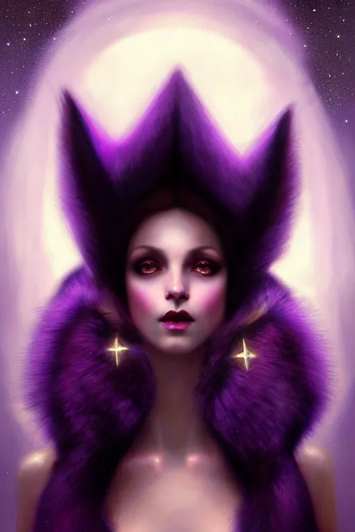 Image similar to Nocturne, glowing, stars, a portrait of a beautiful female shadow djinn creature with long fur collar, highly detailed, mysterious, ethereal, dressed in violet velvet, haute couture, illustration, dramatic lighting, soft details, painting, by Edmund Blair Leighton, Brom, Charlie Bowater, trending on artstation, faces by Tom Bagshaw, otto schmidt