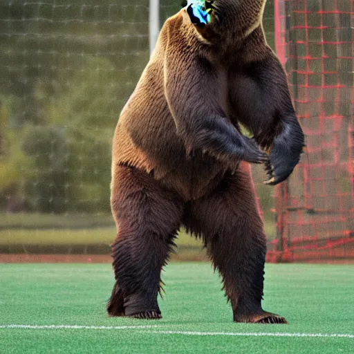 bear playing baseball on the magician team, realistic, Stable