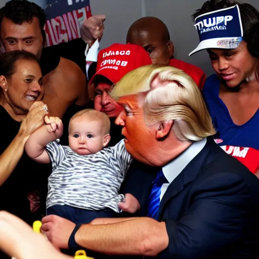 Image similar to Donald Trump arm wrestling a baby, paparazzi