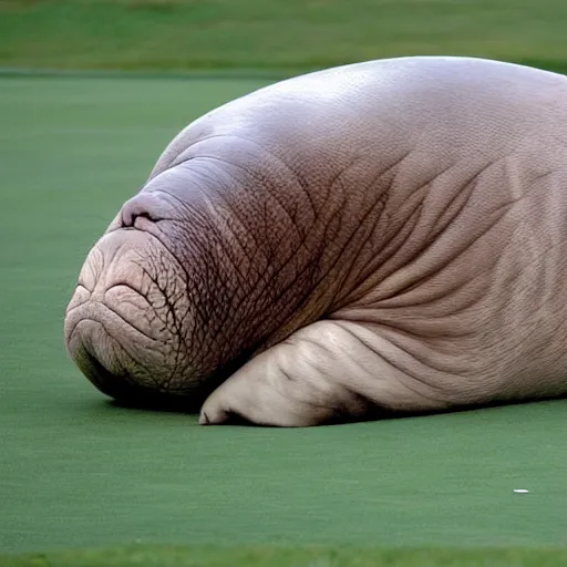 Image similar to cctv footage of a walrus sleeping on a golf course,