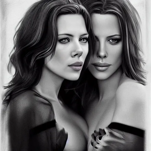 Image similar to shy scarlett johansonn and kate beckinsale poster, grayscale, uniform, photo realistic