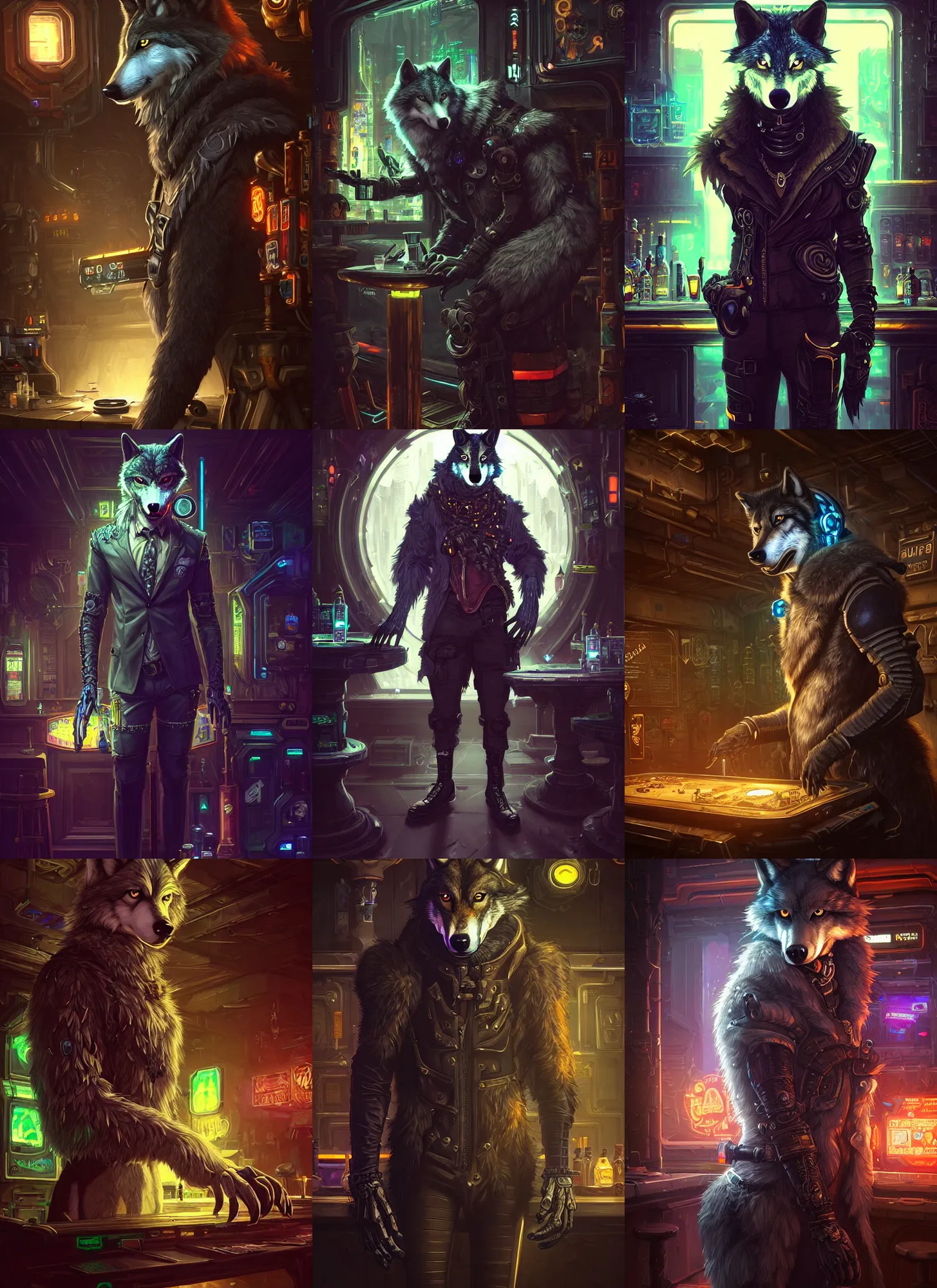 Prompt: photograph of a male anthropomorphic wolf fursona wearing a cyberpunk suit in a cyberpunk bar, deep focus, intricate, elegant, highly detailed, digital painting, artstation, concept art, matte, sharp focus, illustration, d & d, fantasy, hearthstone, art by artgerm and greg rutkowski and alphonse mucha