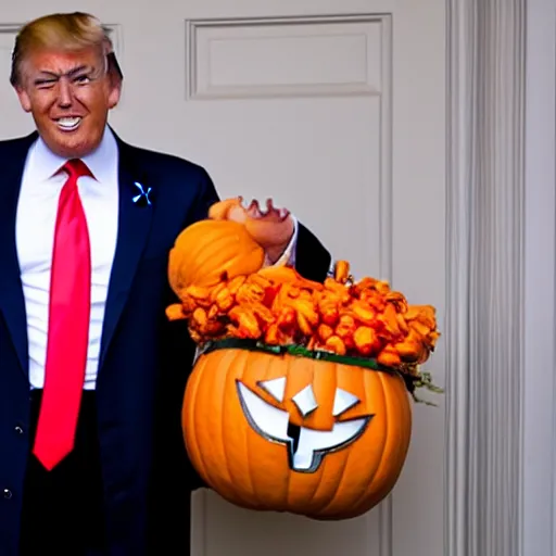 Prompt: Donald Trump in a halloween costume going trick or treating